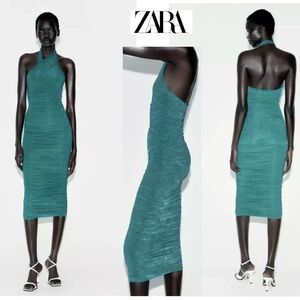 Zara Teal Blue Green Ruched Fitted Halter Organza bodycon midi Dress Sz M NWOT